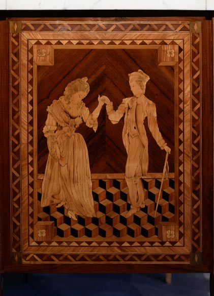 Giuseppe MAGGIOLINI (1738 – 1814)(circle of), Remarkable pair of Neoclassical commodes with marquetry decoration depicting a “Departure for the hunt” and a “ Return from the hunt” beginning of the 19th century Giuseppe MAGGIOLINI (1738 – 1814)(circle of), Remarkable pair of Neoclassical commodes with marquetry decoration depicting a “Departure for the hunt” and a “ Return from the hunt” beginning of the 19th century-11