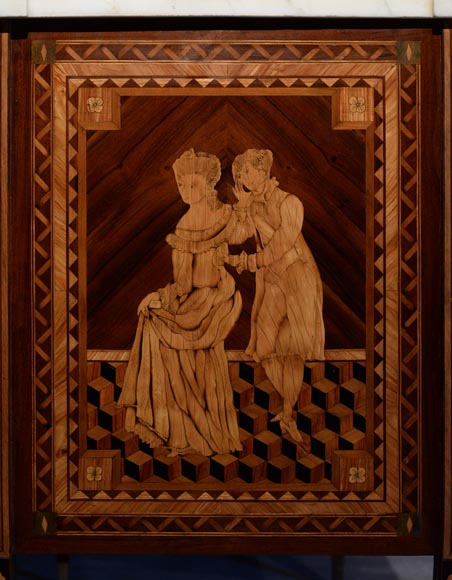 Giuseppe MAGGIOLINI (1738 – 1814)(circle of), Remarkable pair of Neoclassical commodes with marquetry decoration depicting a “Departure for the hunt” and a “ Return from the hunt” beginning of the 19th century Giuseppe MAGGIOLINI (1738 – 1814)(circle of), Remarkable pair of Neoclassical commodes with marquetry decoration depicting a “Departure for the hunt” and a “ Return from the hunt” beginning of the 19th century-12