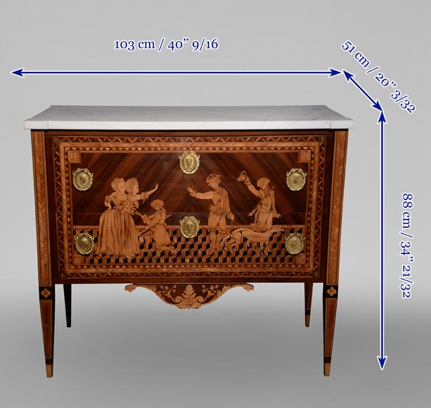 Giuseppe MAGGIOLINI (1738 – 1814)(circle of), Remarkable pair of Neoclassical commodes with marquetry decoration depicting a “Departure for the hunt” and a “ Return from the hunt” beginning of the 19th century Giuseppe MAGGIOLINI (1738 – 1814)(circle of), Remarkable pair of Neoclassical commodes with marquetry decoration depicting a “Departure for the hunt” and a “ Return from the hunt” beginning of the 19th century-17