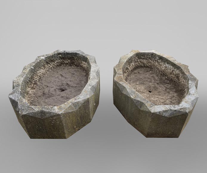 Pair of oval planters in stone Pair of oval planters in stone-0