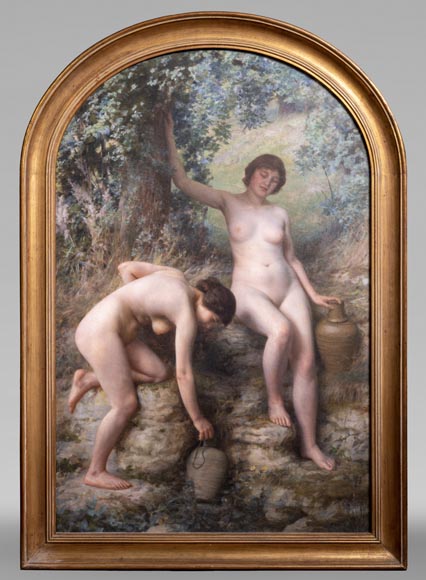 Jules LARCHER - Nymphs at the fountain, oil on canvas Jules LARCHER - Nymphs at the fountain, oil on canvas-0