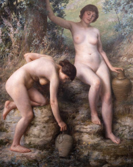 Jules LARCHER - Nymphs at the fountain, oil on canvas Jules LARCHER - Nymphs at the fountain, oil on canvas-2