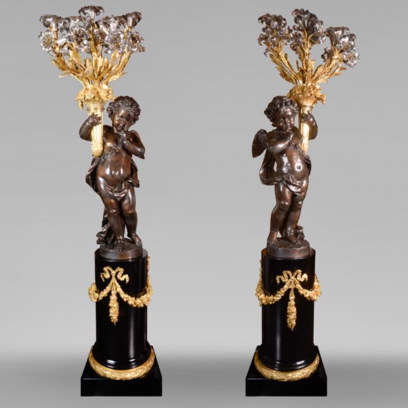 Auguste-Louis Marquis (bronze maker) for the Maison GIROUX, Pair of torchères with 9 lights in gilded, silvered and burnished bronze, circa 1855 Auguste-Louis Marquis (bronze maker) for the Maison GIROUX, Pair of torchères with 9 lights in gilded, silvered and burnished bronze, circa 1855-0