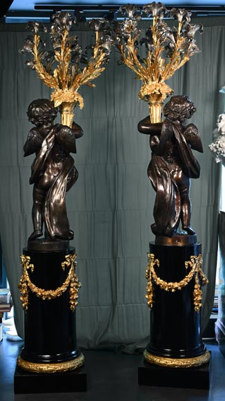 Auguste-Louis Marquis (bronze maker) for the Maison GIROUX, Pair of torchères with 9 lights in gilded, silvered and burnished bronze, circa 1855 Auguste-Louis Marquis (bronze maker) for the Maison GIROUX, Pair of torchères with 9 lights in gilded, silvered and burnished bronze, circa 1855-26