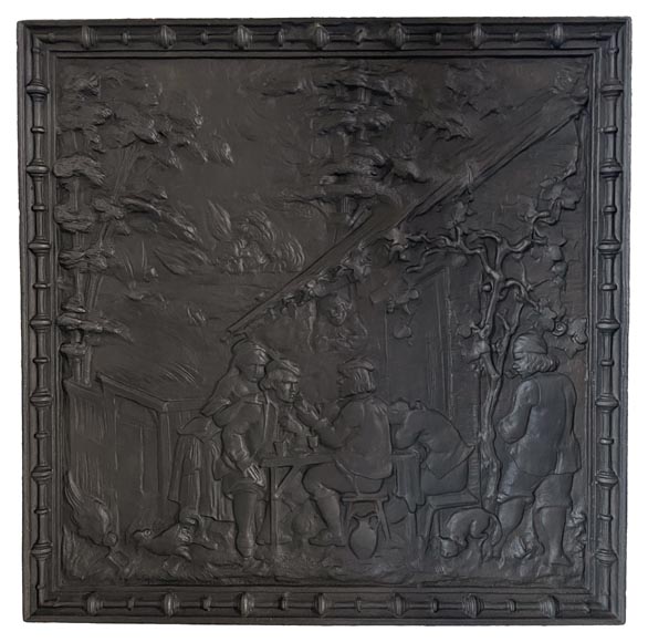 Cast iron fireback with village life scene Cast iron fireback with village life scene-0