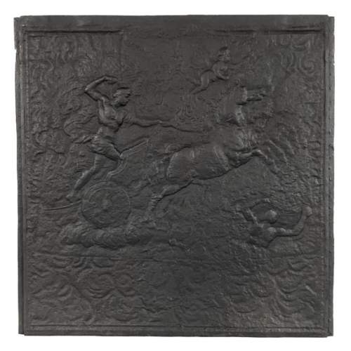 Cast iron fireback decorated with a chariot of Apollo