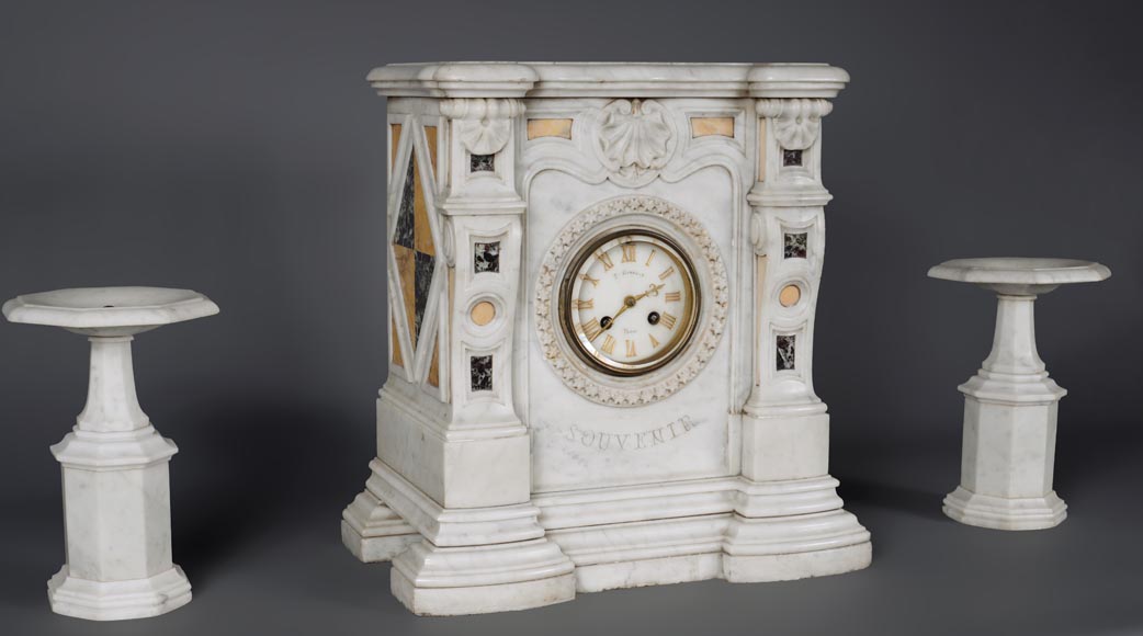 Set clock in Carrara marble taking the shape of a mantel Set clock in Carrara marble taking the shape of a mantel-2