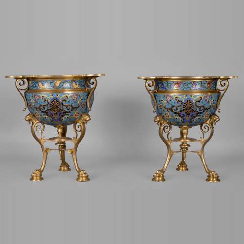 Louis - Constant SEVIN & Ferdinand BARBEDIENNE - Beautiful pair of ornament vases in bronze and  cloisonne enamel, circa 1862