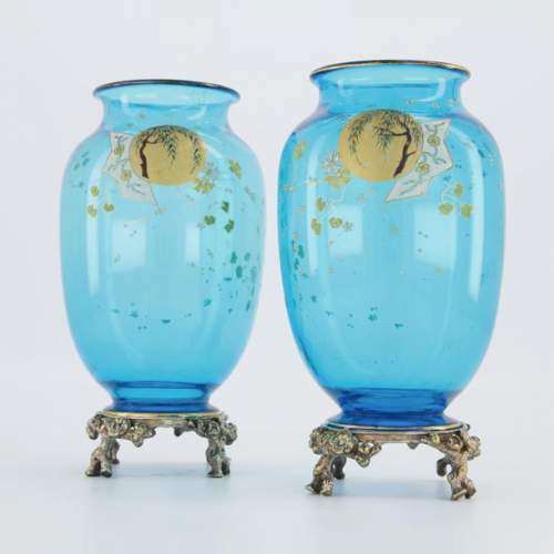 BACCARAT CRISTALLERIE and Eugène ROUSSEAU (model by), Pair of vases « Clair de Lune » in blue crystal and gilt bronze mount, circa 1875-1890
