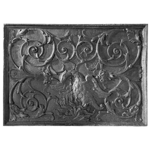 Phoenix-shaped fireplace plaque, decorated with scrolls