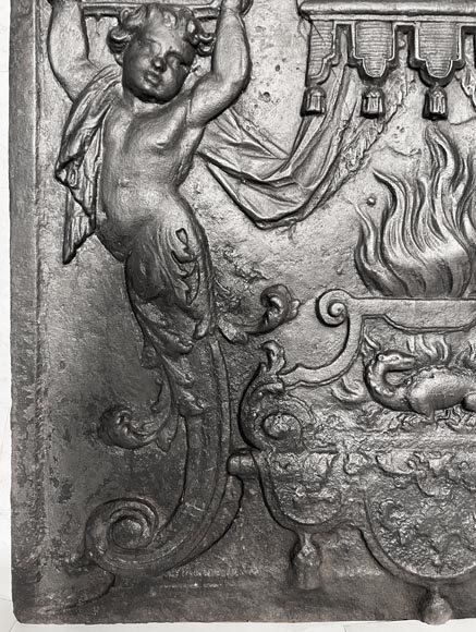 18th-century fireplace plaque with a salamander and two atlantes supporting an entablature with fire vases 18th-century fireplace plaque with a salamander and two atlantes supporting an entablature with fire vases-3
