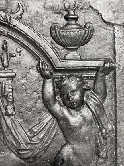 18th-century fireplace plaque with a salamander and two atlantes supporting an entablature with fire vases 18th-century fireplace plaque with a salamander and two atlantes supporting an entablature with fire vases-9