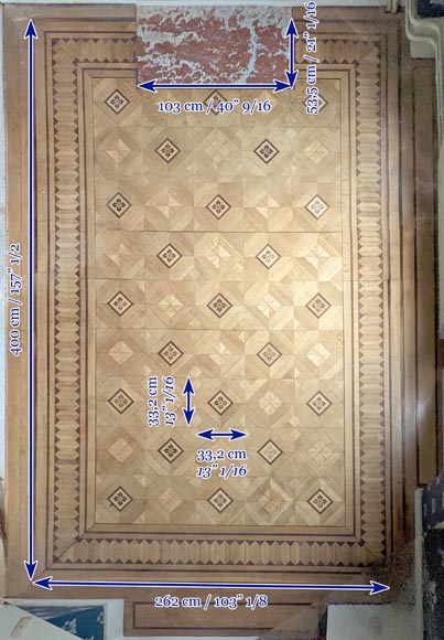 Parquet flooring with wood marquetery depicting diamond shapes and stylized flowers, late 19th century Parquet flooring with wood marquetery depicting diamond shapes and stylized flowers, late 19th century-12