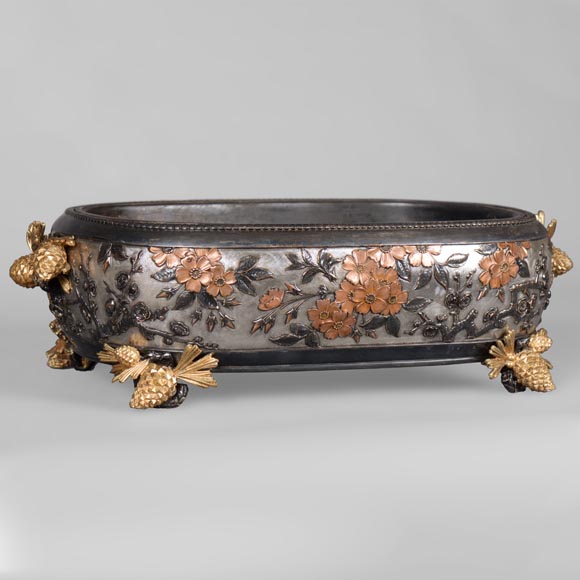 CHRISTOFLE - Exceptional planter in electroplated copper, partially copper colored, gilt, silvered and burnished on a silver background, circa 1878 CHRISTOFLE - Exceptional planter in electroplated copper, partially copper colored, gilt, silvered and burnished on a silver background, circa 1878-0