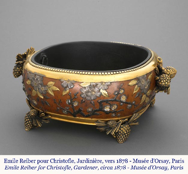 CHRISTOFLE - Exceptional planter in electroplated copper, partially copper colored, gilt, silvered and burnished on a silver background, circa 1878 CHRISTOFLE - Exceptional planter in electroplated copper, partially copper colored, gilt, silvered and burnished on a silver background, circa 1878-1