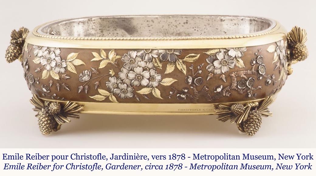CHRISTOFLE - Exceptional planter in electroplated copper, partially copper colored, gilt, silvered and burnished on a silver background, circa 1878 CHRISTOFLE - Exceptional planter in electroplated copper, partially copper colored, gilt, silvered and burnished on a silver background, circa 1878-2