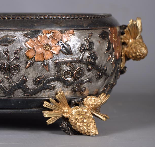 CHRISTOFLE - Exceptional planter in electroplated copper, partially copper colored, gilt, silvered and burnished on a silver background, circa 1878 CHRISTOFLE - Exceptional planter in electroplated copper, partially copper colored, gilt, silvered and burnished on a silver background, circa 1878-9
