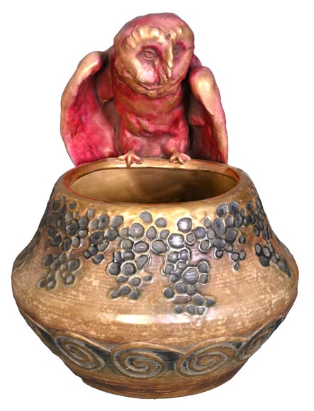 Eduard Stellmacher (attributed to) for Amphora, Earthenware owl vase, late 1890s-1