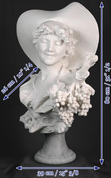 F. SAUL, Jeune fille au chapeau dans les vignes, carved bust in Carrara marble-13