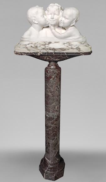 Affortunato GORI, Sculpture in Carrara marble depicting three busts of children on its original column Affortunato GORI, Sculpture in Carrara marble depicting three busts of children on its original column-0