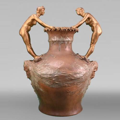 Auguste LEDRU (sculptor) and Émile COLIN (editor), Large Stoneware Vase with Masks and Gilt Bronze Female Figures, circa 1902