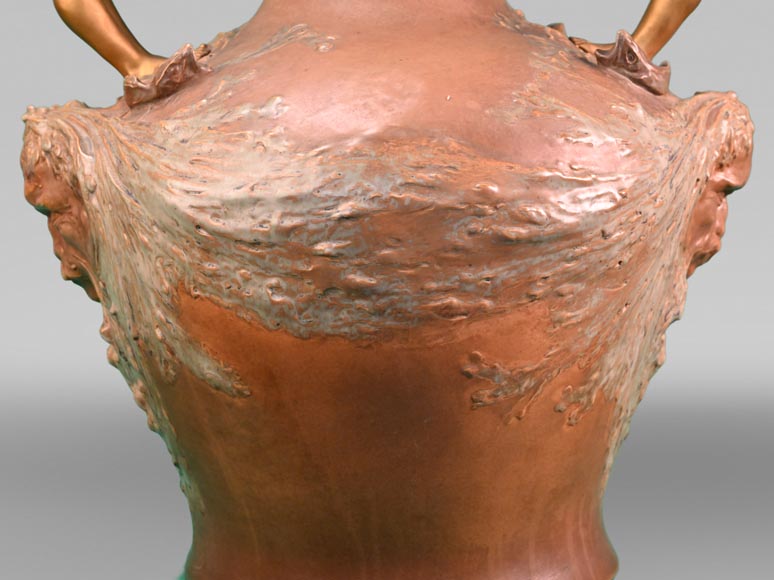 Auguste LEDRU (sculptor) and Émile COLIN (editor), Large Stoneware Vase with Masks and Gilt Bronze Female Figures, circa 1902 Auguste LEDRU (sculptor) and Émile COLIN (editor), Large Stoneware Vase with Masks and Gilt Bronze Female Figures, circa 1902-8