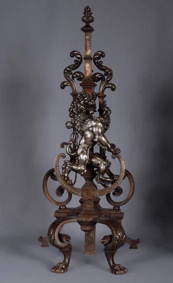 Pair of silvered iron and cat iron andirons with standing lions Pair of silvered iron and cat iron andirons with standing lions-3