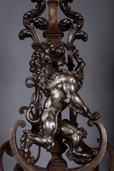 Pair of silvered iron and cat iron andirons with standing lions Pair of silvered iron and cat iron andirons with standing lions-6