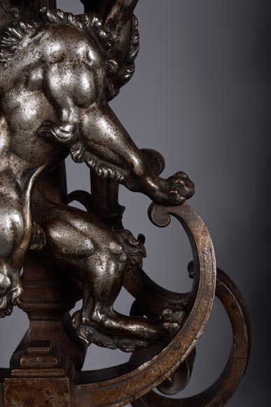 Pair of silvered iron and cat iron andirons with standing lions Pair of silvered iron and cat iron andirons with standing lions-7