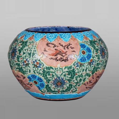 JULES VIEILLARD & COMPAGNIE, large Japanese-style cachepot in Bordeaux earthenware with polychrome enamel decoration