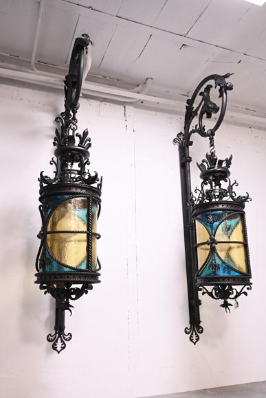 Pair of neo-Gothic lanterns with fleur-de-lis and dolphins, circa 1895 Pair of neo-Gothic lanterns with fleur-de-lis and dolphins, circa 1895-2