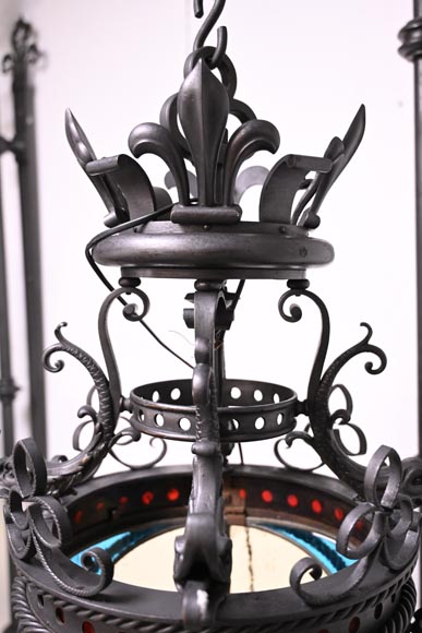 Pair of neo-Gothic lanterns with fleur-de-lis and dolphins, circa 1895 Pair of neo-Gothic lanterns with fleur-de-lis and dolphins, circa 1895-6