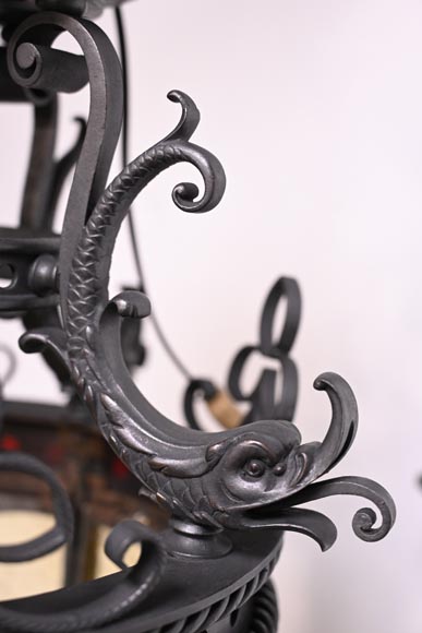 Pair of neo-Gothic lanterns with fleur-de-lis and dolphins, circa 1895 Pair of neo-Gothic lanterns with fleur-de-lis and dolphins, circa 1895-7