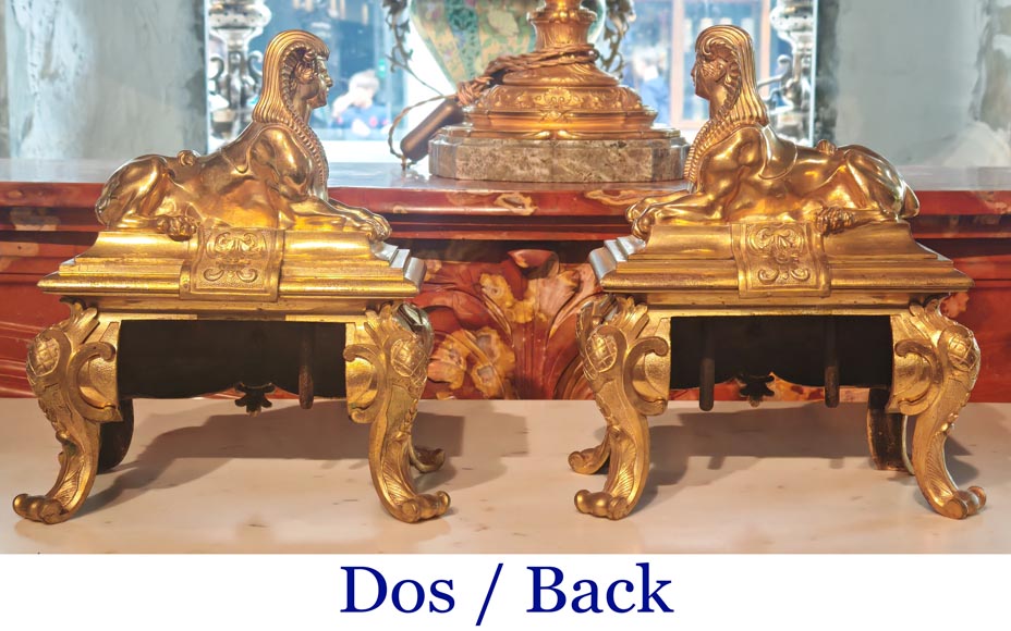 Pair of Napoleon III style gilt-bronze chenets featuring sphinxes Pair of Napoleon III style gilt-bronze chenets featuring sphinxes-7