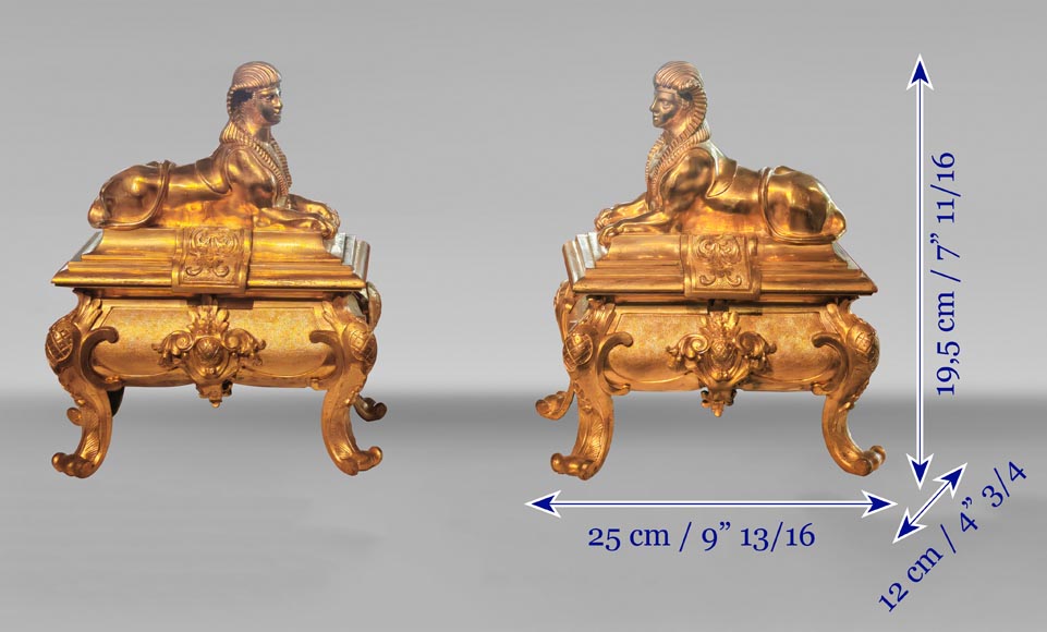 Pair of Napoleon III style gilt-bronze chenets featuring sphinxes Pair of Napoleon III style gilt-bronze chenets featuring sphinxes-8