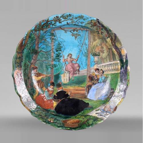 Théodore DECK (ceramist), Eugène GLUCK (painter), Ornamental dish decorated with a bucolic scene with an escarpolette