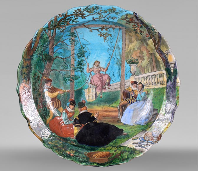 Théodore DECK (ceramist), Eugène GLUCK (painter), Ornamental dish decorated with a bucolic scene with an escarpolette Théodore DECK (ceramist), Eugène GLUCK (painter), Ornamental dish decorated with a bucolic scene with an escarpolette-0