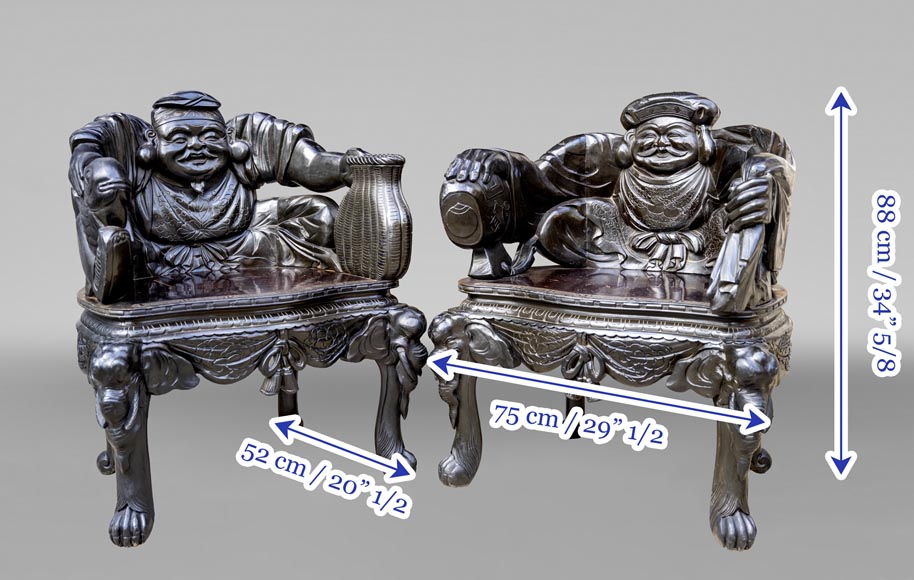 Pair of Japanese Carved Armchairs – Ebisu and Daikoku Pair of Japanese Carved Armchairs – Ebisu and Daikoku-9