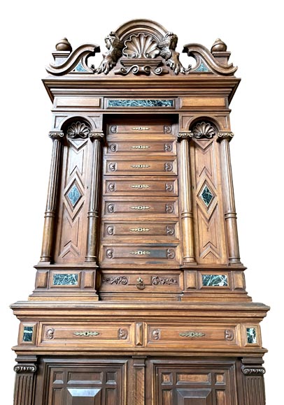 Neo-Renaissance ceremonial cabinet, Napoléon III period, carved walnut with sea-green marble inserts Neo-Renaissance ceremonial cabinet, Napoléon III period, carved walnut with sea-green marble inserts-4
