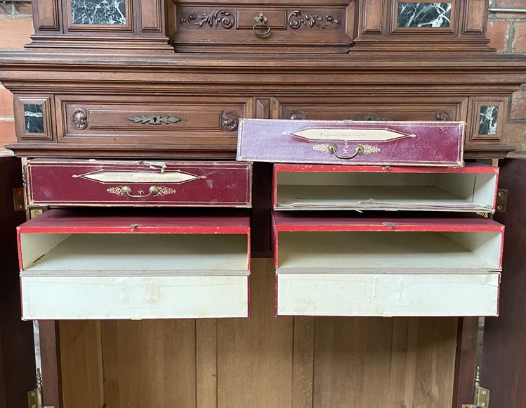 Neo-Renaissance ceremonial cabinet, Napoléon III period, carved walnut with sea-green marble inserts Neo-Renaissance ceremonial cabinet, Napoléon III period, carved walnut with sea-green marble inserts-7