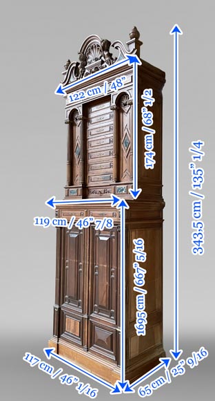 Neo-Renaissance ceremonial cabinet, Napoléon III period, carved walnut with sea-green marble inserts Neo-Renaissance ceremonial cabinet, Napoléon III period, carved walnut with sea-green marble inserts-11