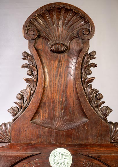 DECK Théodore, monumental oak mirror with green glazed faience medallions DECK Théodore, monumental oak mirror with green glazed faience medallions-2