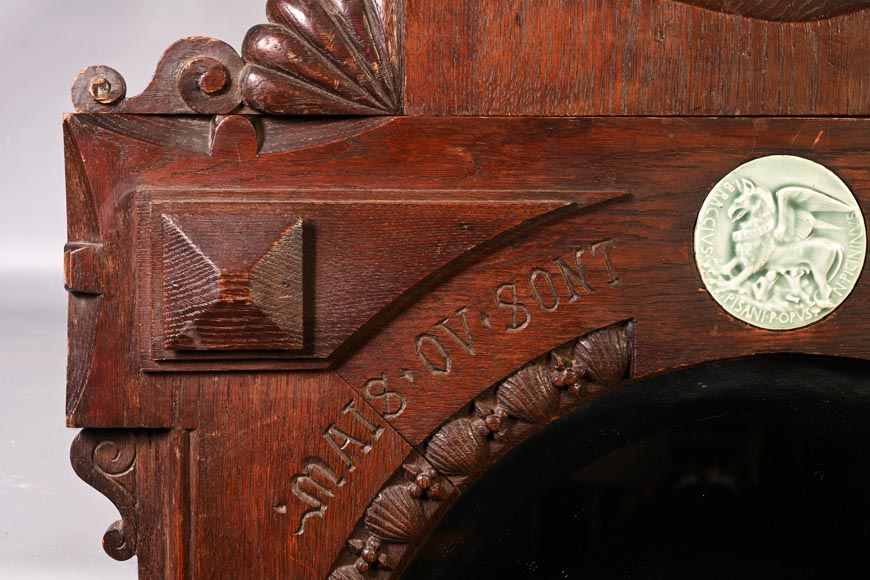 DECK Théodore, monumental oak mirror with green glazed faience medallions DECK Théodore, monumental oak mirror with green glazed faience medallions-8