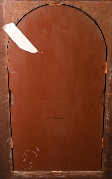 DECK Théodore, monumental oak mirror with green glazed faience medallions DECK Théodore, monumental oak mirror with green glazed faience medallions-18