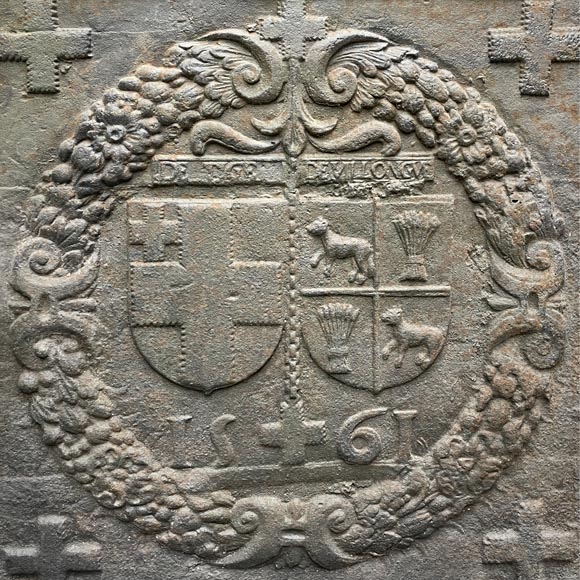 Fireback from 1561 with the alliance arms of Jacques de Tige and Blanche de Villelongue. Fireback from 1561 with the alliance arms of Jacques de Tige and Blanche de Villelongue.-1