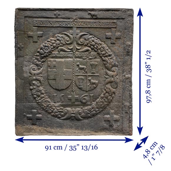 Fireback from 1561 with the alliance arms of Jacques de Tige and Blanche de Villelongue. Fireback from 1561 with the alliance arms of Jacques de Tige and Blanche de Villelongue.-9