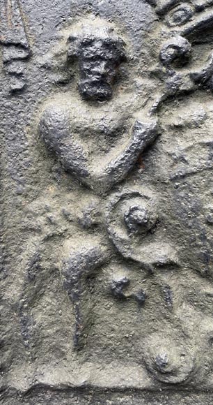 18th century fireback with two shields surrounded by three wild men 18th century fireback with two shields surrounded by three wild men-4