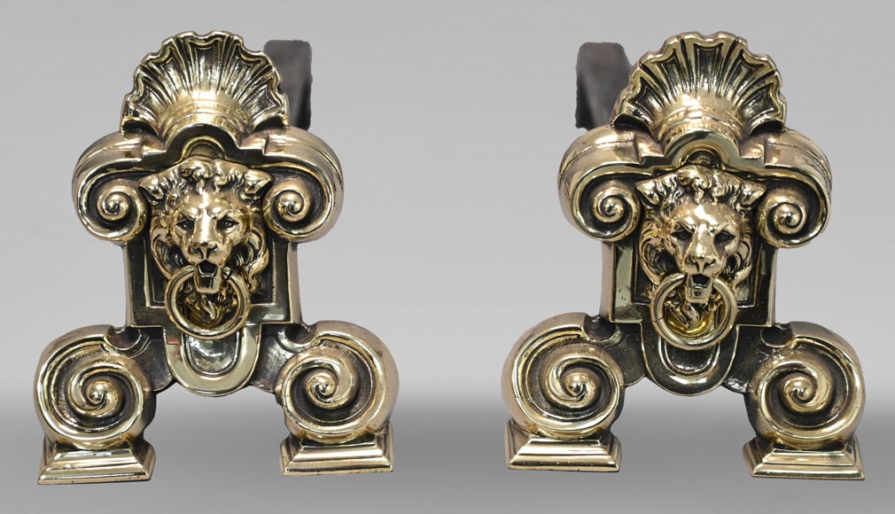 Pair of andirons with lion heads Pair of andirons with lion heads-0