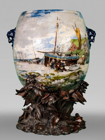 Impressionist decor, large earthenware vase by Louis Auguste LEPÈRE for Faïencerie LAURIN Impressionist decor, large earthenware vase by Louis Auguste LEPÈRE for Faïencerie LAURIN-0