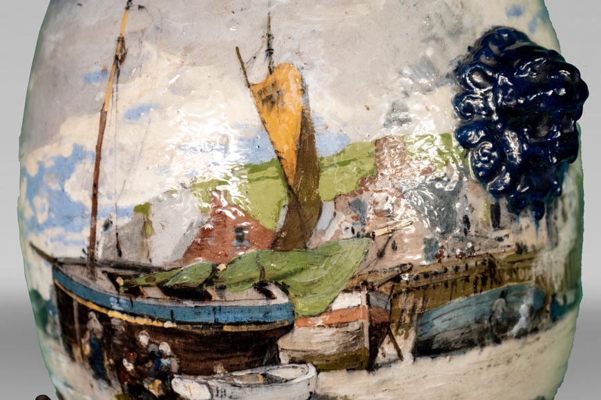 Impressionist decor, large earthenware vase by Louis Auguste LEPÈRE for Faïencerie LAURIN Impressionist decor, large earthenware vase by Louis Auguste LEPÈRE for Faïencerie LAURIN-1